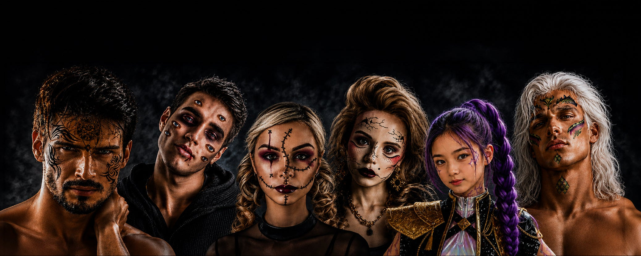Six people with dramatic zombie or horror face temporary tattoos and costumes posed against a black backgound