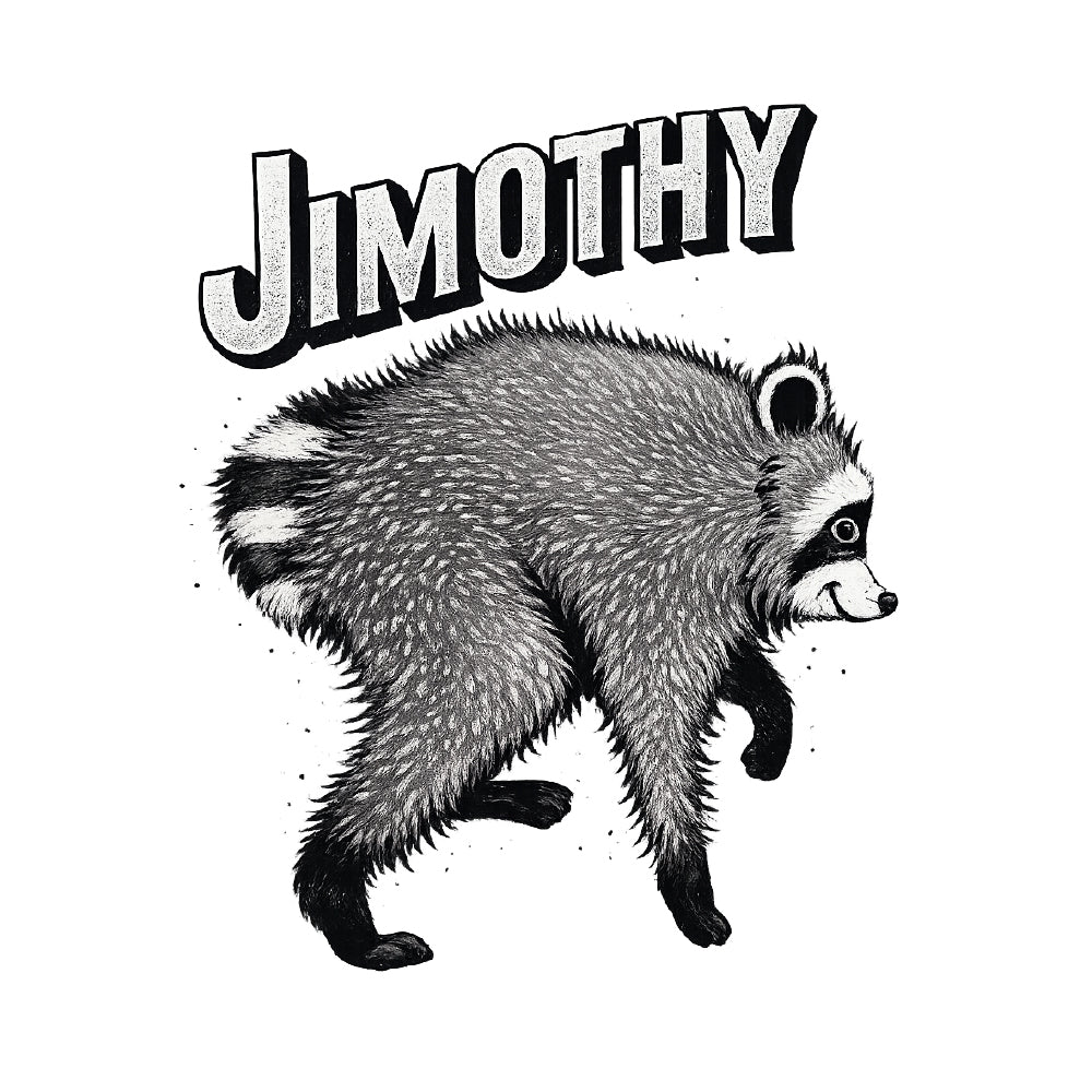 A black and white graphic design featuring a detailed hand-drawn raccoon with the name 'JIMOTHY' written in a bold, stylized font above it, set against a plain white background.