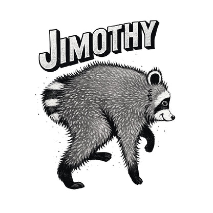 A black and white graphic design featuring a detailed hand-drawn raccoon with the name 'JIMOTHY' written in a bold, stylized font above it, set against a plain white background.