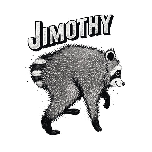 A black and white graphic design featuring a detailed hand-drawn raccoon with the name 'JIMOTHY' written in a bold, stylized font above it, set against a plain white background.
