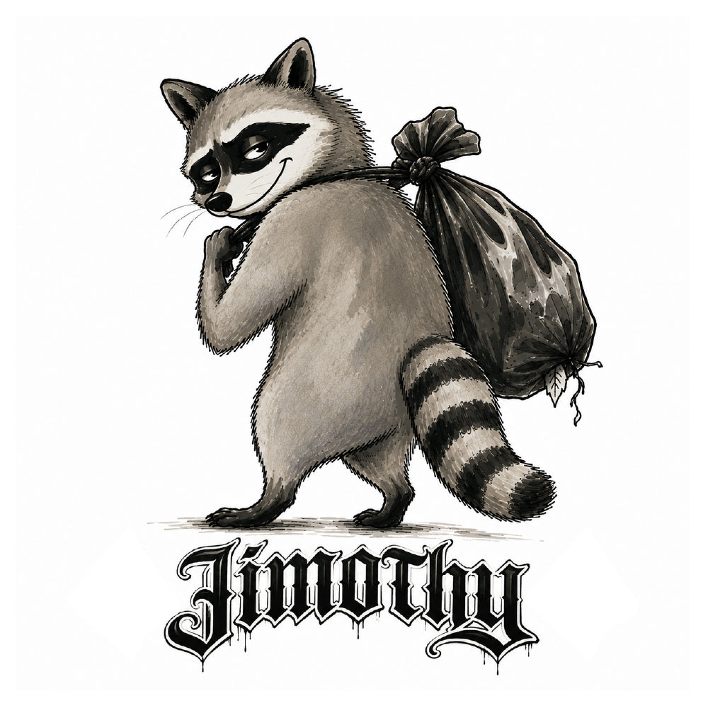 A stylized illustration of a raccoon carrying a black trash bag over its shoulder, with the name 'Jimothy' written below in a decorative gothic font on a white background.
