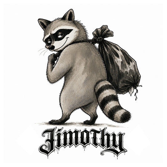 A stylized illustration of a raccoon carrying a black trash bag over its shoulder, with the name 'Jimothy' written below in a decorative gothic font on a white background.