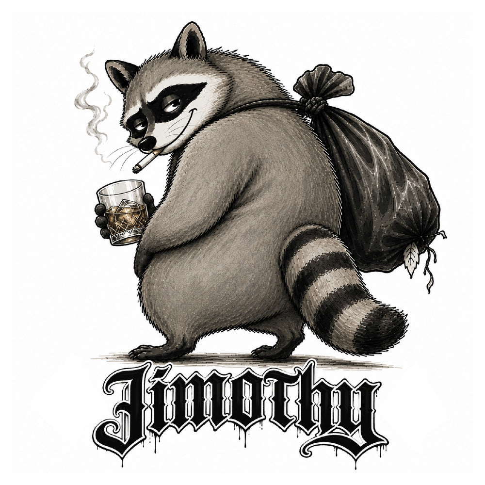 A stylized black-and-white illustration of a raccoon wearing a black bag over its shoulder and holding a smoky drink, with the word 'Jimothy' in a decorative gothic font below on a white background.