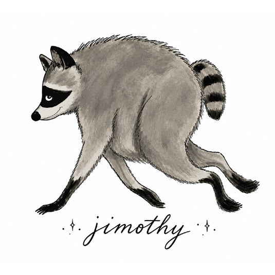 A hand-drawn raccoon illustration in grayscale with black facial markings and striped tail, shown running across a white background. Below the raccoon, the name 'jimothy' is written in black script with small star accents.