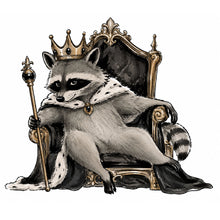 A stylized illustration of a raccoon dressed as royalty, seated on an ornate throne. The raccoon wears a black-and-white fur cloak and holds a gold scepter.