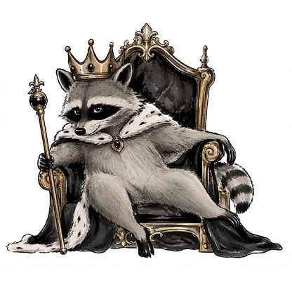 A stylized illustration of a raccoon dressed as royalty, seated on an ornate throne. The raccoon wears a black-and-white fur cloak and holds a gold scepter.