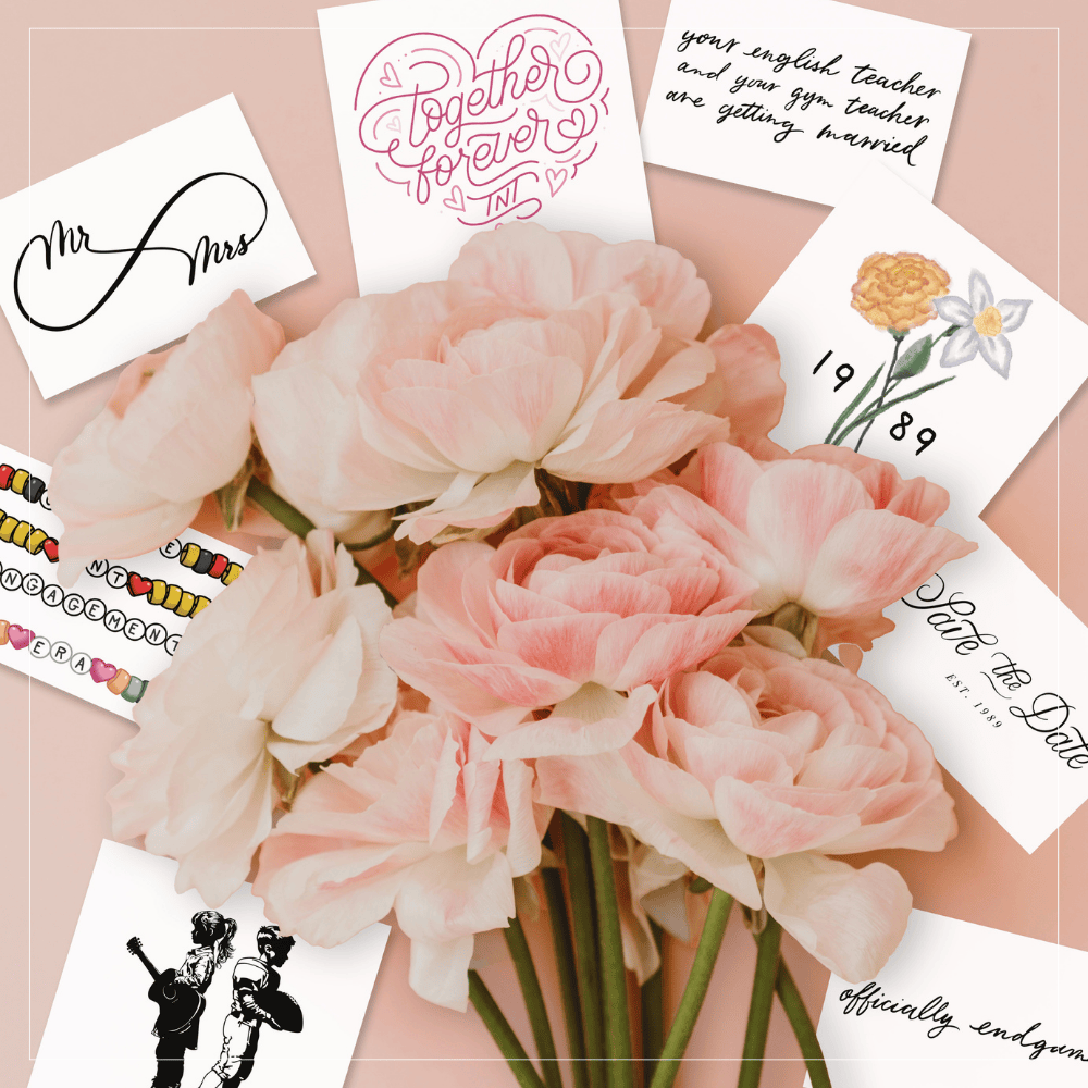 Bouquet of pink flowers with wedding-themed temporary tattoos on a beige background