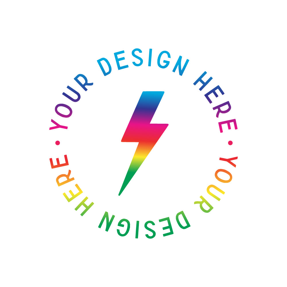 A circular graphic with a rainbow lightning bolt in the center and the words 'YOUR DESIGN HERE' repeated around the ring on a white background.
