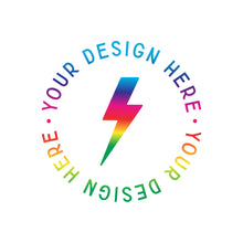 A circular graphic with a rainbow lightning bolt in the center and the words 'YOUR DESIGN HERE' repeated around the ring on a white background.