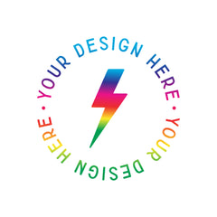 A circular graphic with a rainbow lightning bolt in the center and the words 'YOUR DESIGN HERE' repeated around the ring on a white background.