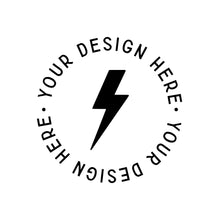 A circular black graphic on a white background with a central lightning bolt and the text 'YOUR DESIGN HERE' repeated around the circle, indicating a customizable logo or emblem template.