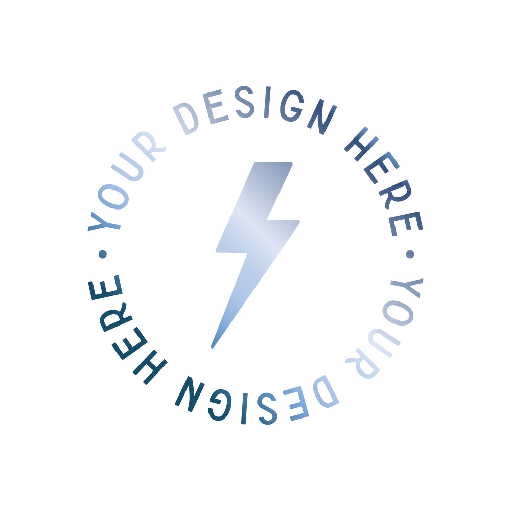 A circular placeholder graphic on a white background featuring a central blue lightning bolt surrounded by the text 'YOUR DESIGN HERE' in alternating light and dark blue.