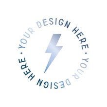 A circular placeholder graphic on a white background featuring a central blue lightning bolt surrounded by the text 'YOUR DESIGN HERE' in alternating light and dark blue.