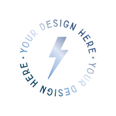 A circular placeholder graphic on a white background featuring a central blue lightning bolt surrounded by the text 'YOUR DESIGN HERE' in alternating light and dark blue.