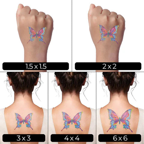 Comparison of butterfly tattoos on different body parts with size indicators.