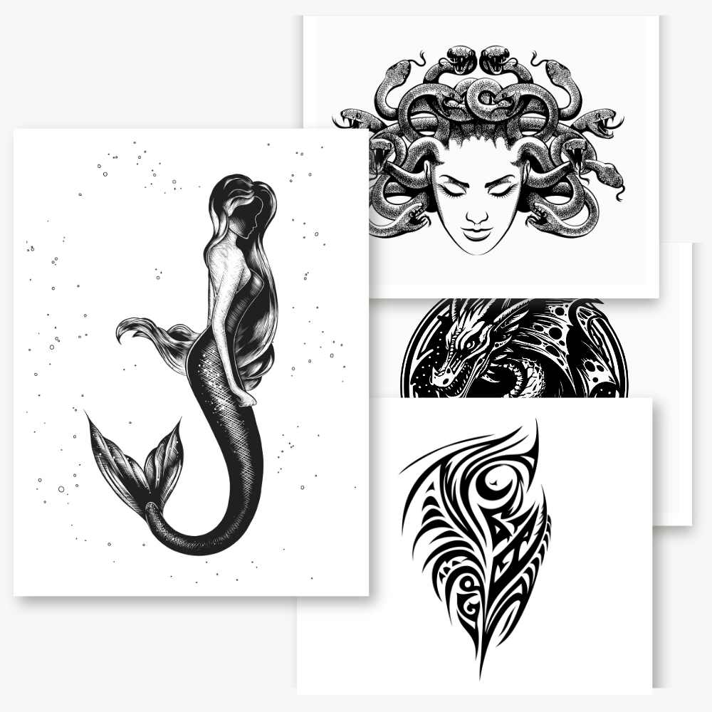 Four black and white tattoos on white background.