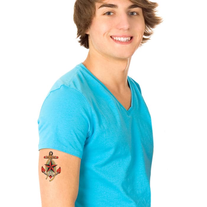 Vintage Anchor and Star Temporary Tattoo 3.5 in x 2.5 in