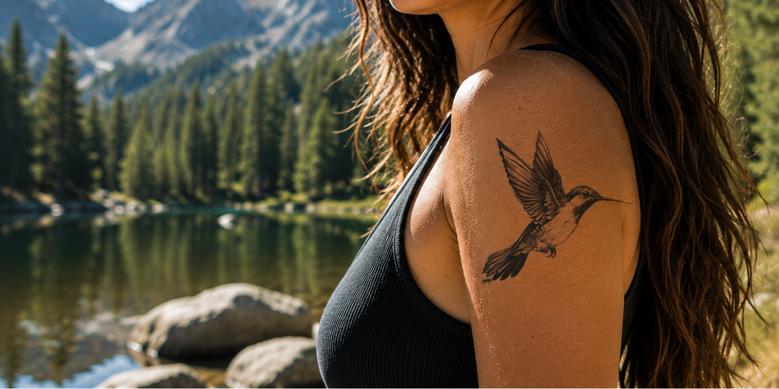 Woman with a hummingbird tattoo in a natural setting with mountains and trees.