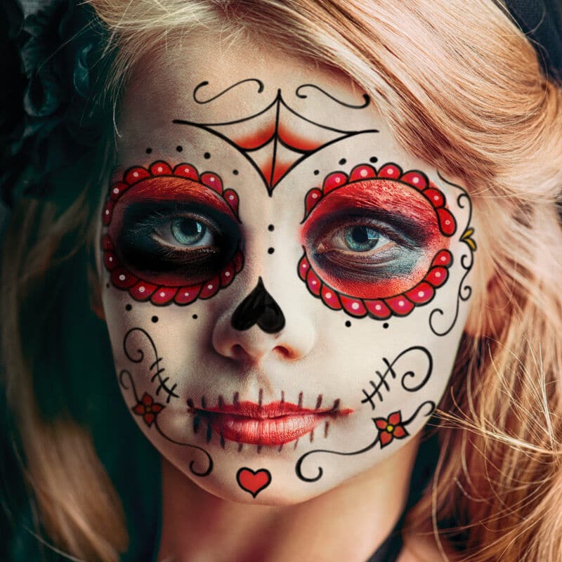 Red Kids Sugar Skull Costume Tattoo