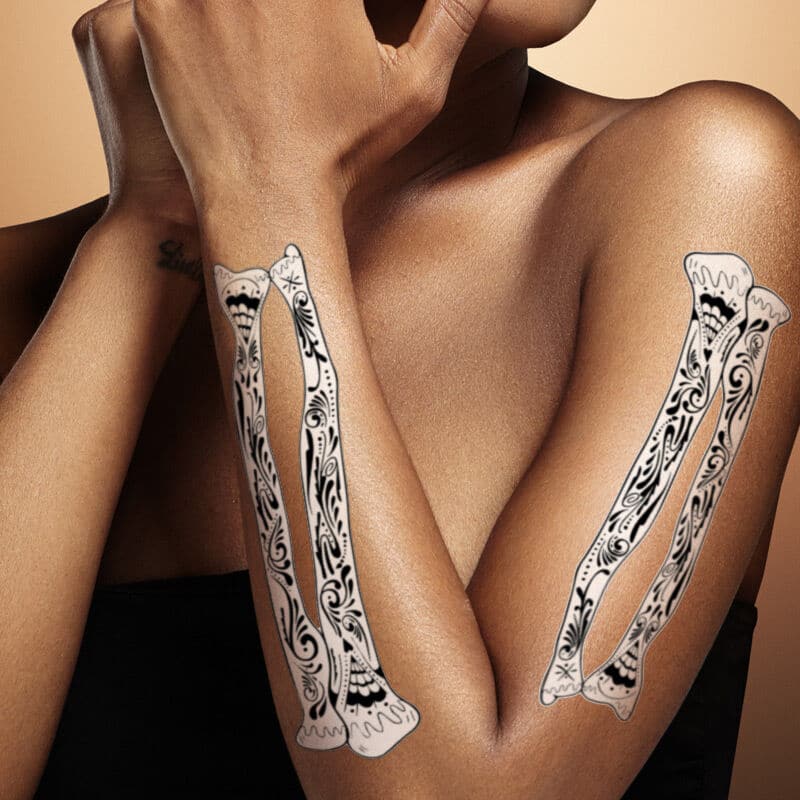 Black and White Sugar Skull Arm Bones Costume Tattoo