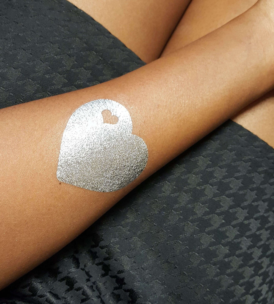 chrome metallic silver heart temporary tattoo