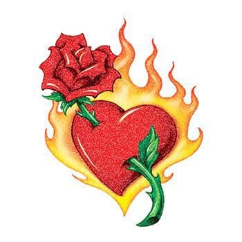 Glitter Flaming Heart and Rose Temporary Tattoo