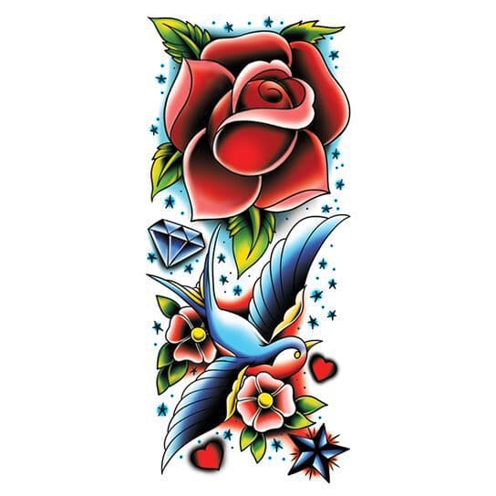 Rose and Sparrow Colorful Sleeve Temporary Tattoo