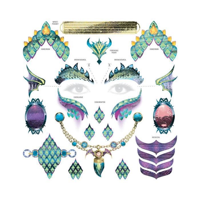 Dragon Face and Accessory Metallic Temporary Tattoo